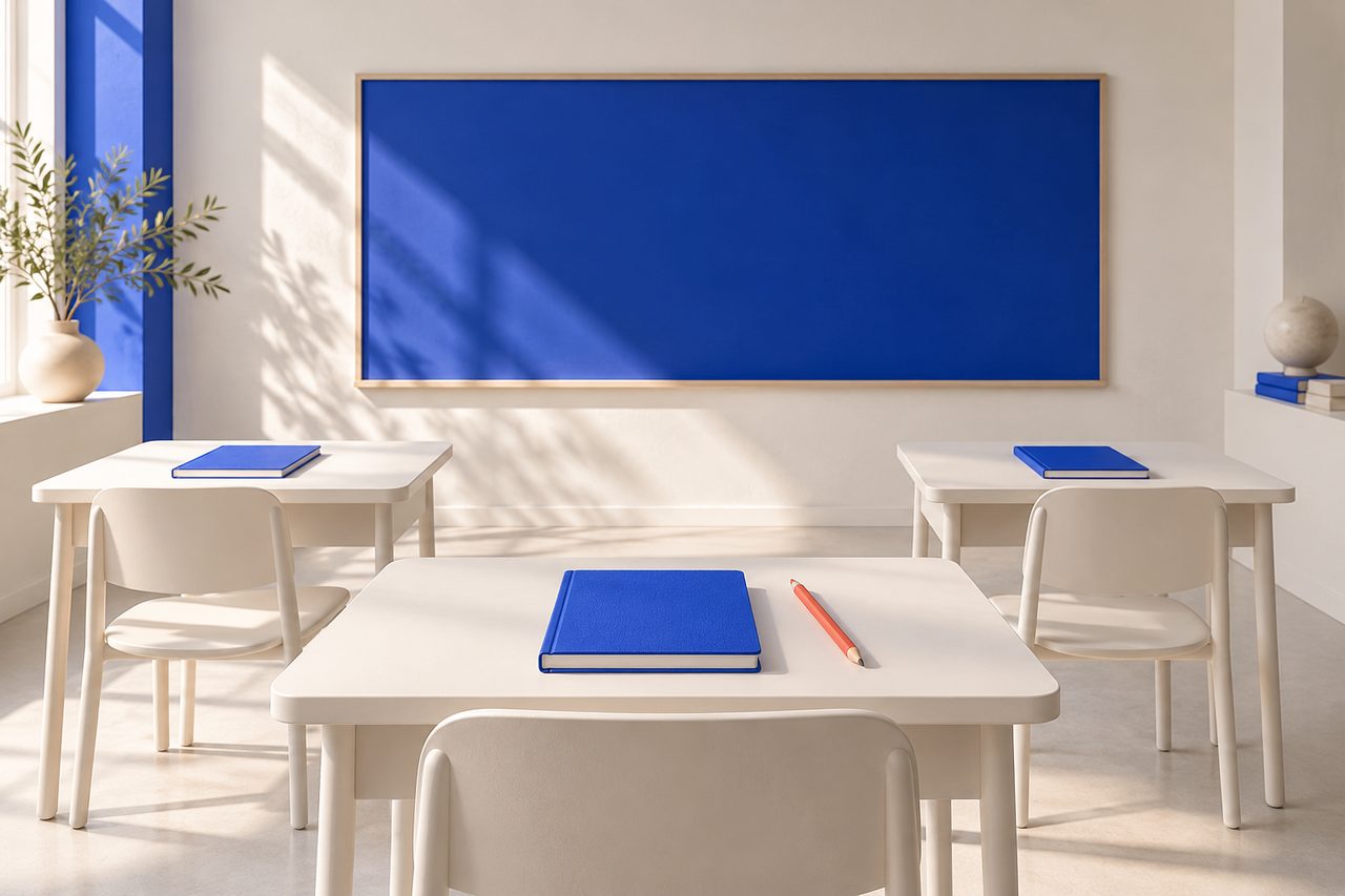 A model classroom with no one in it: white desks with blue notebooks, a coral pencil and a blank blue board