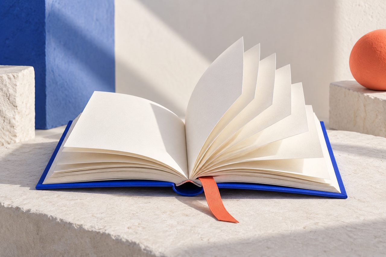 An open blue book with its pages fanning upward and a coral bookmark