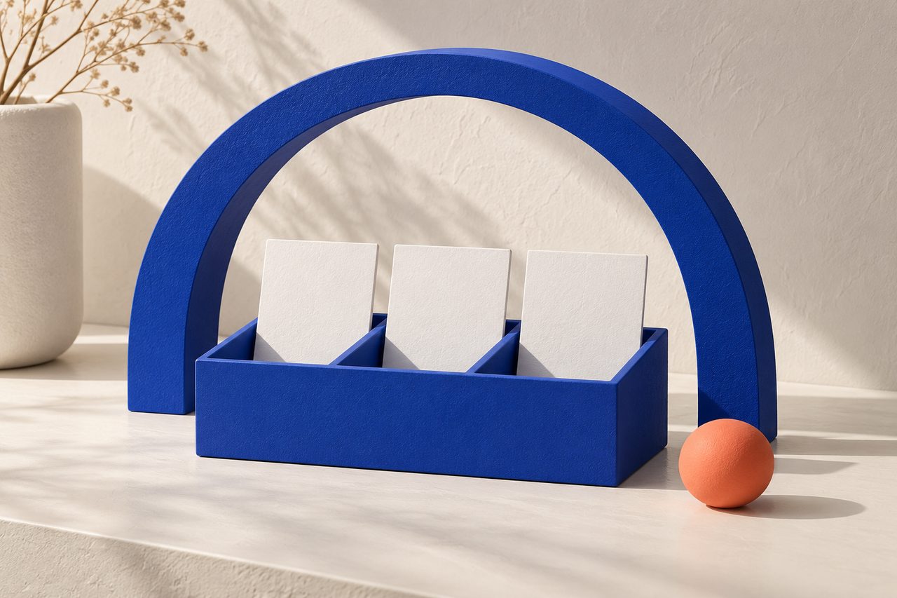 A blue organizer holding three white cards under a blue arch, with a small coral sphere beside it