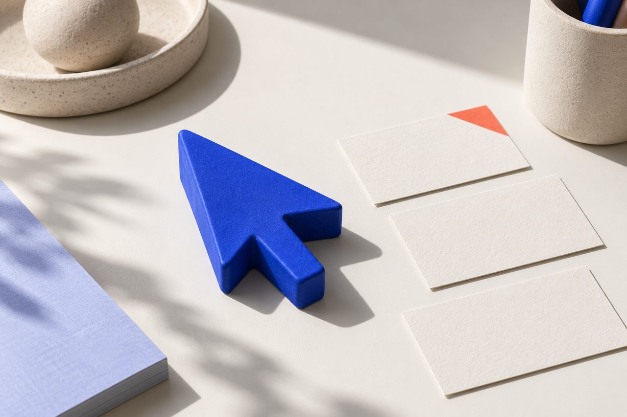 A blue cursor arrow on a desk beside three white task cards, one with a coral corner