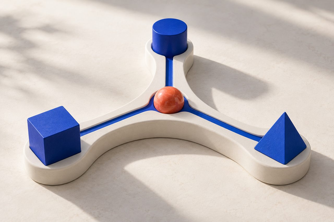 A white hub whose three blue grooves lead to a blue cube, cylinder and pyramid, with a coral marble at the junction