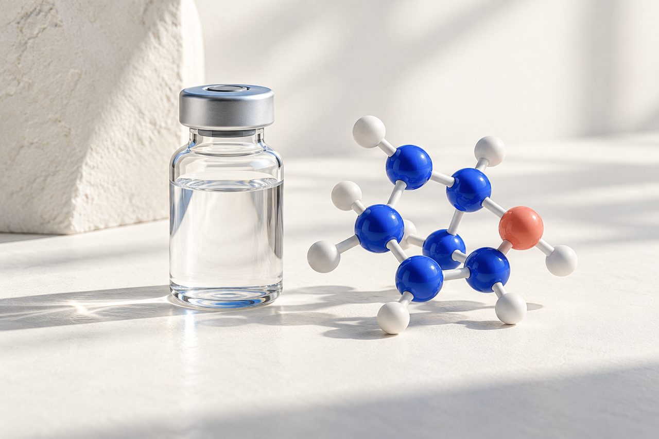 A clear glass vial beside a molecular model of blue spheres with one coral sphere