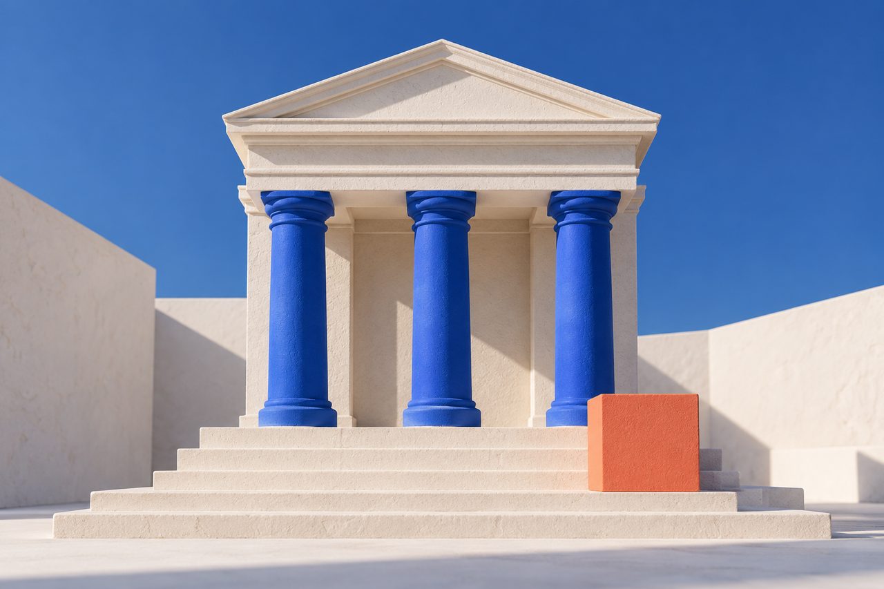 A white courthouse front with three blue columns and a small coral block moved forward on the steps