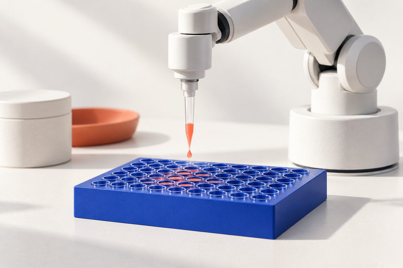 A white robotic pipette arm above a blue sample tray, with a coral droplet at its tip