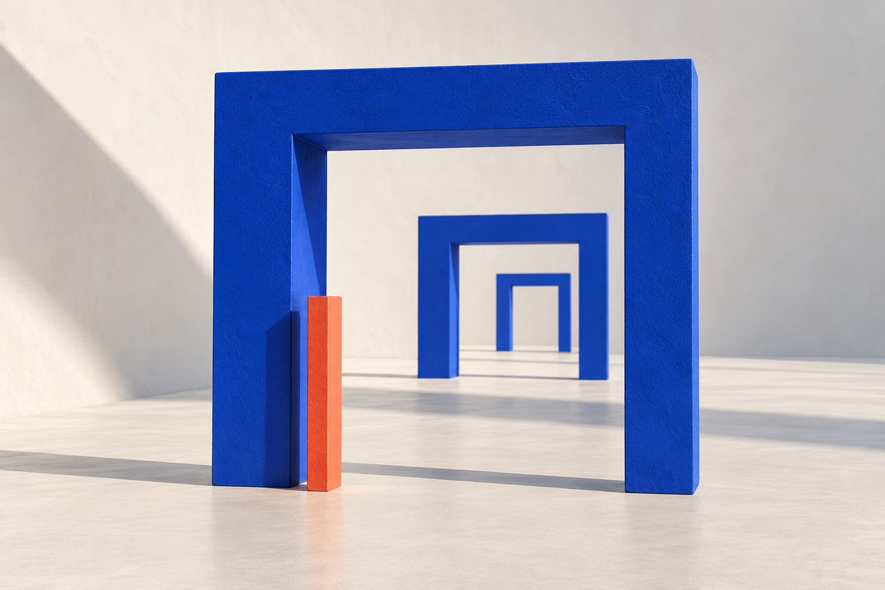 Blue rectangular frames receding into the distance, with a slim coral marker at the first one