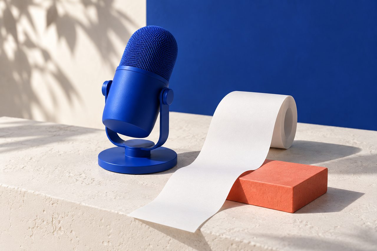 A blue podcast microphone beside a long blank receipt and a small coral block