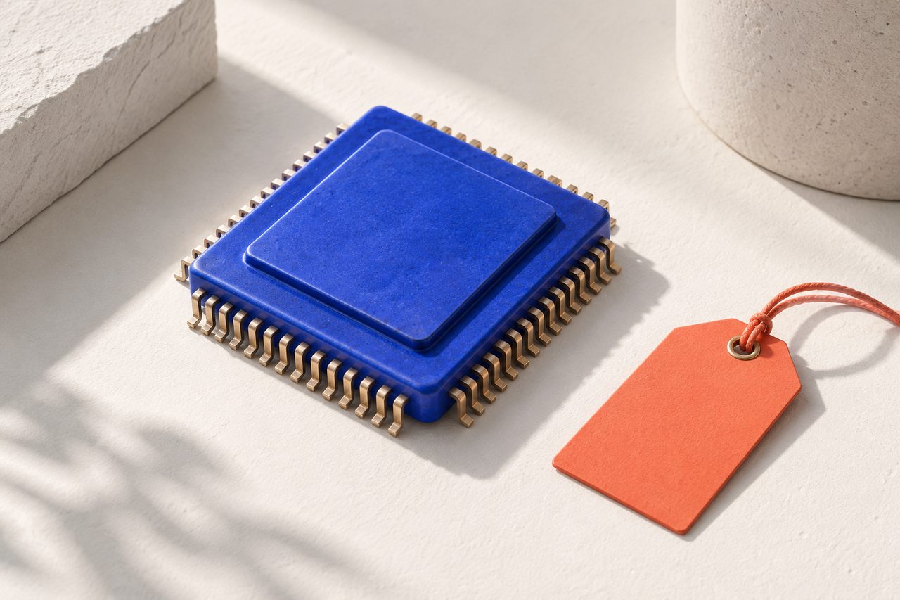 A blue computer chip beside a blank coral price tag