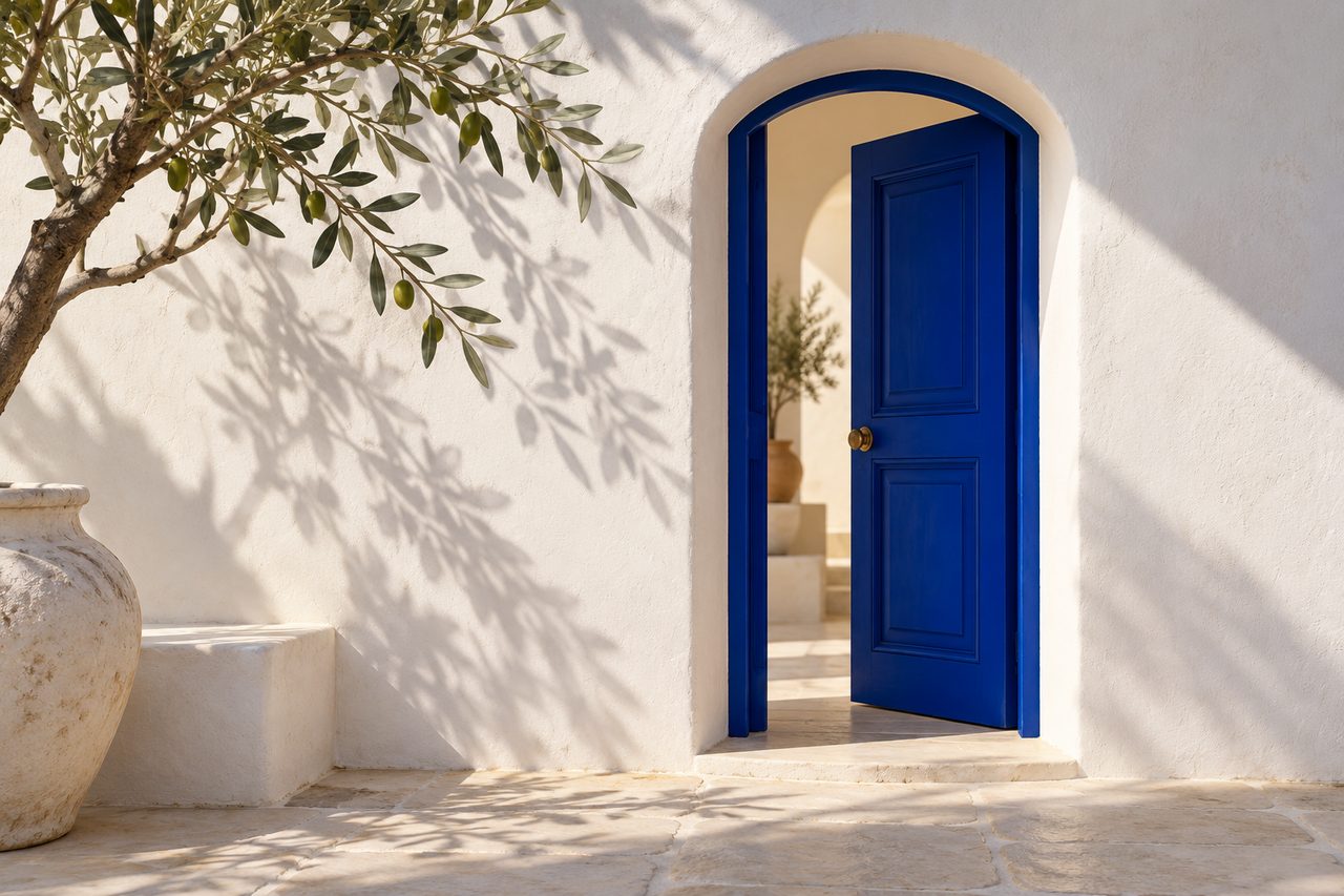 A blue door standing slightly open in a white wall, with olive branches casting shadows