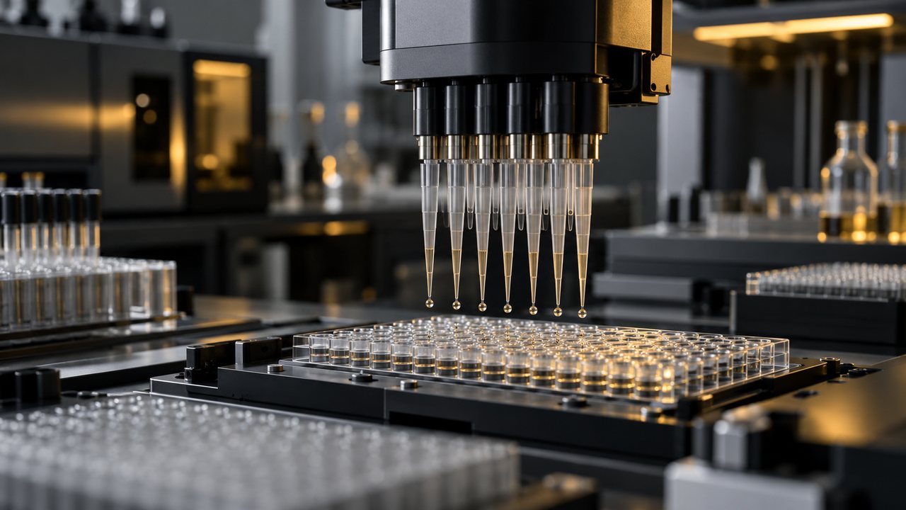 A robotic pipetting head suspended over a laboratory microplate under warm amber lighting.