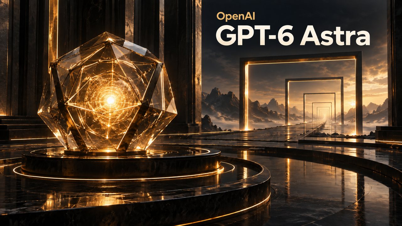 OpenAI GPT-6 Astra above a glowing geometric core and gold-lit thresholds receding into the distance.