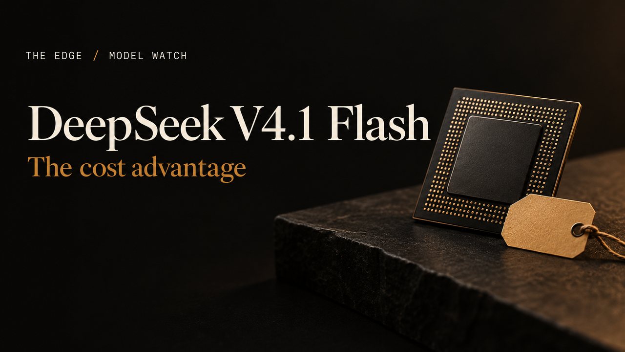 DeepSeek V4.1 Flash: The cost advantage. An editorial illustration of a computing chip and price tag.